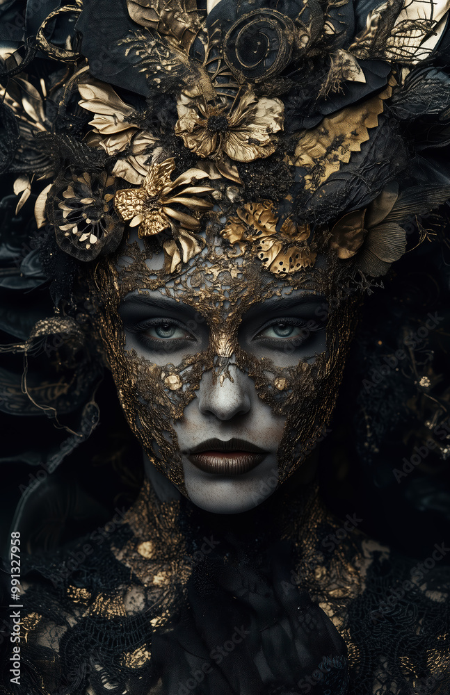 An otherworldly dark goddess, with intricate black and gold lace makeup and a mask adorned with delicate floral designs. The dark background creates an atmosphere of mystery and power An otherworldly dark goddess, with intricate black and gold lace makeup and a mask adorned with delicate floral designs. The dark background creates an atmosphere of mystery and power