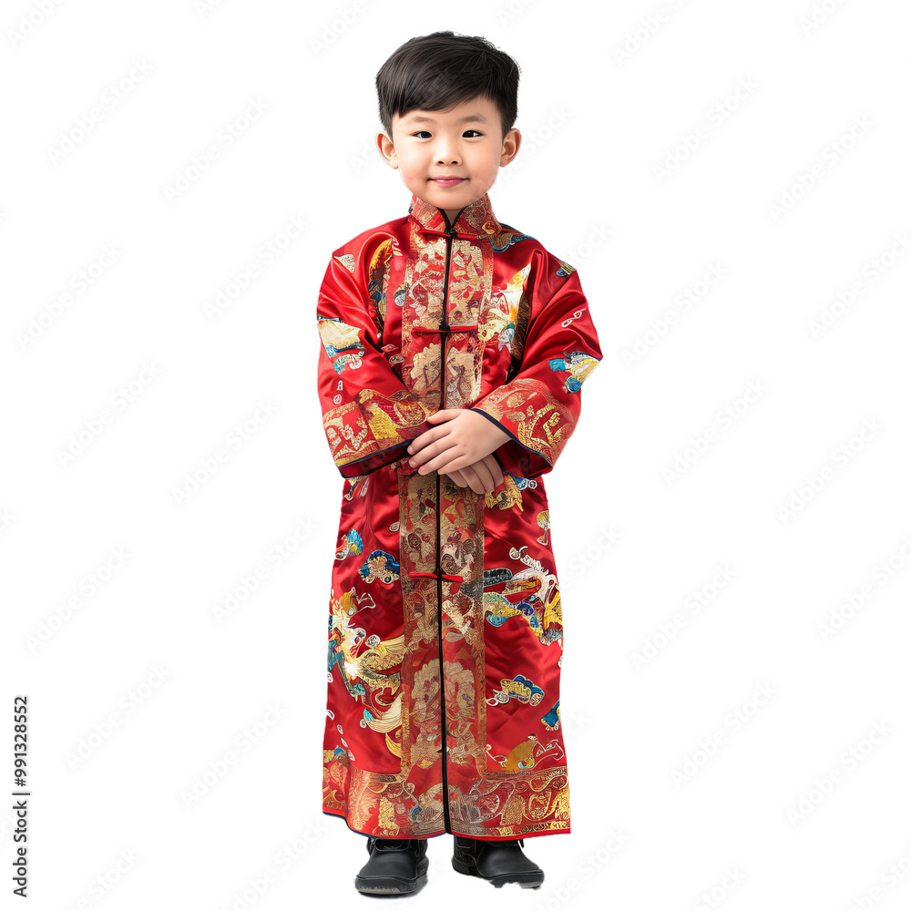 Young boy is standing with his hands clasped in front of him, wearing a traditional red chinese outfit Young boy is standing with his hands clasped in front of him, wearing a traditional red chinese outfit