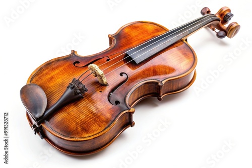 string, traditional, old, music, harmonic, Antique wooden violin exuding rich texture and detailed craftsmanship presented in forced perspective against a white background