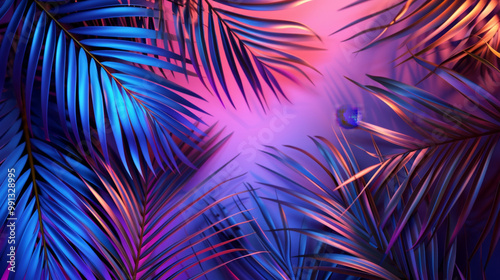 Modern layout installed with tropical colorful plants forest glow in the dark background. Stylized as futuristic art