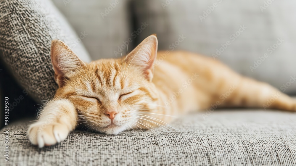 Cat stretching on a couch, looking relaxed and content in its favorite spot cat, cozy home Cat stretching on a couch, looking relaxed and content in its favorite spot cat, cozy home