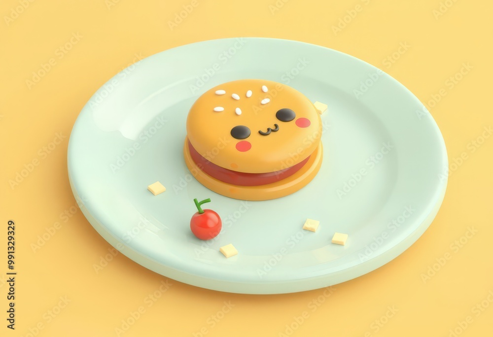 Cute cartoon burger with cherry on plate. Cute cartoon burger with cherry on plate.