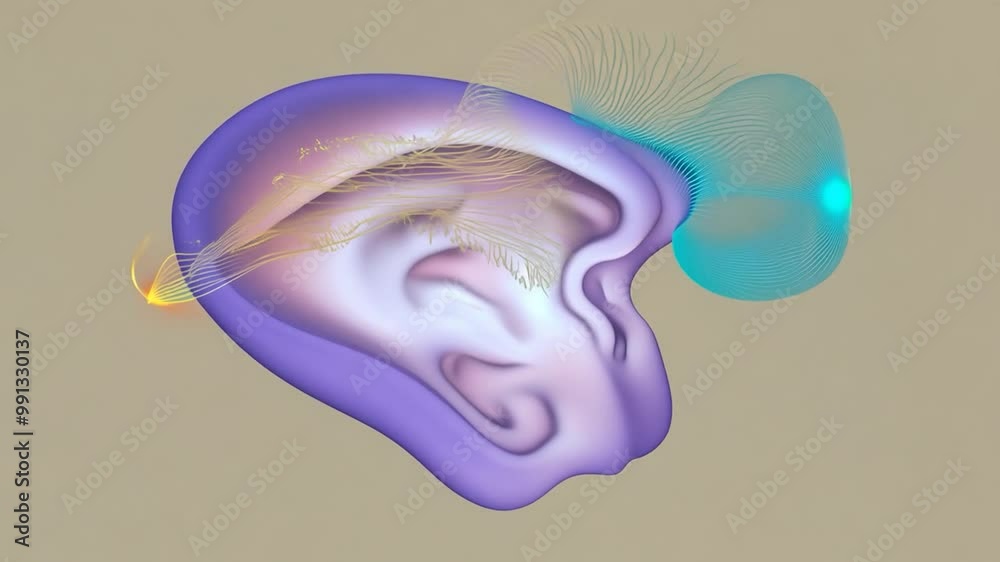 The image presents a detailed 3D rendering of human ear anatomy ...