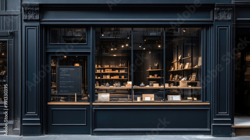 A large black chalkboard sign is mounted on the wall of an elegant storefront, surrounded by wooden shelves displaying various products.