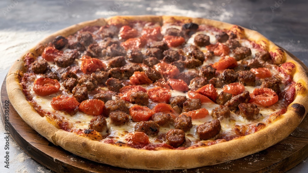 Chicago-style deep-dish pizza topped with layers of sausage and fresh tomatoes, steaming hot from the oven meaty pizza, Chicago classic Chicago-style deep-dish pizza topped with layers of sausage and fresh tomatoes, steaming hot from the oven meaty pizza, Chicago classic