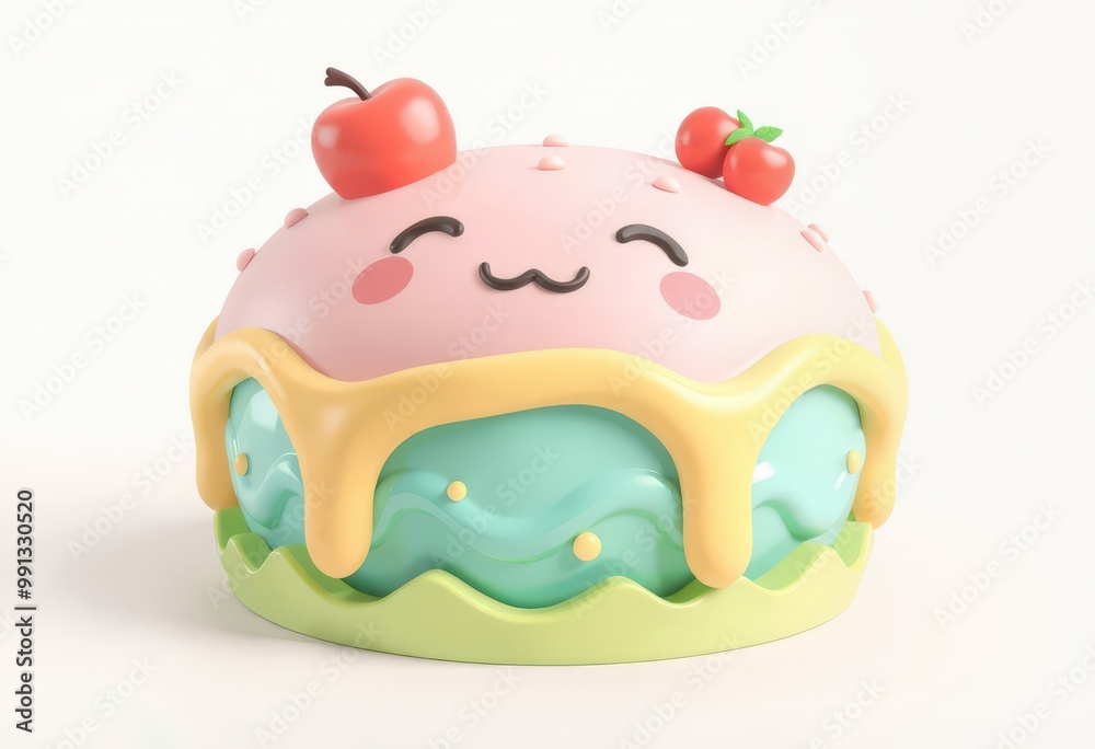 Cute cartoon cake with cherries, yellow icing, and green base. Cute cartoon cake with cherries, yellow icing, and green base.