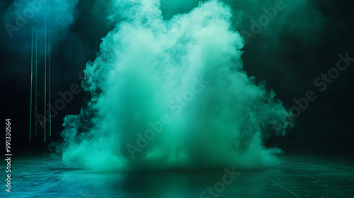 Teal and green smoke blending on a stage, adding a tranquil and calming vibe