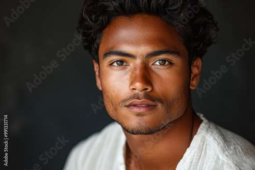 Young man with wavy hair gazing forward, wearing white shirt.