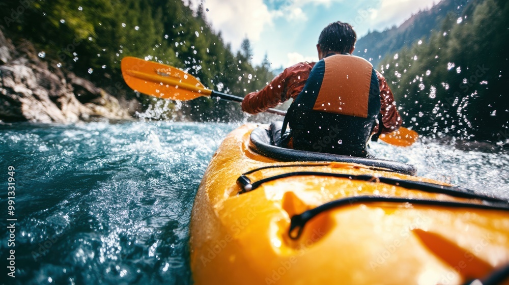 Fototapeta premium A kayaker rafting struggling with water splashes in boat in rapid river in mountain
