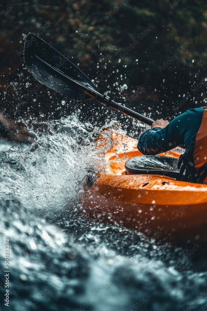 Fototapeta premium A kayaker rafting struggling with water splashes in boat in rapid river in mountain