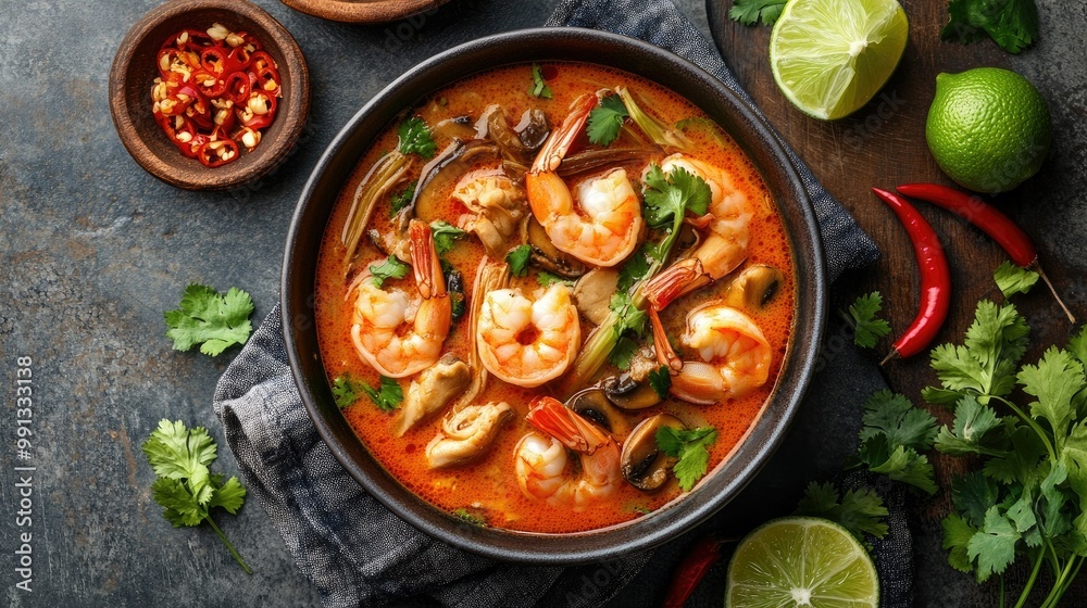 A bowl of Tom Yum Goong soup with shrimp, mushrooms, and lemongrass, placed on a table with chili, lime, and cilantro for garnish.