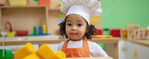A boy playing in a pretend kitchen area, role-playing as chefs in the daycare playroom   imaginative play, daycare fun