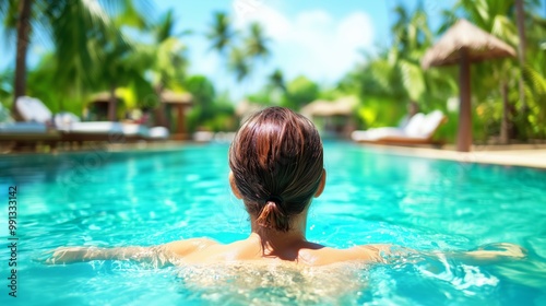 Woman Relaxing in Swimming Pool at Tropical Resort
