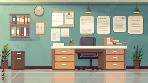 background with a well-organized clinic room featuring medical charts, a desk, and a comfortable patient chair