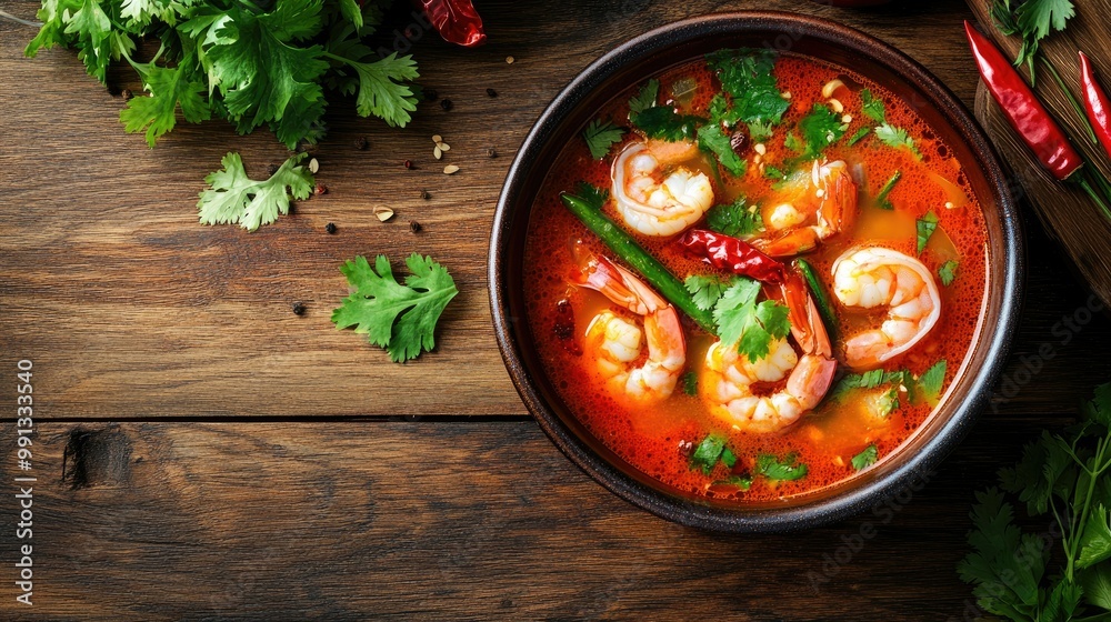 A bowl of Tom Yum Goong soup with shrimp, garnished with chili and herbs, placed on a wooden table with fresh ingredients scattered around.