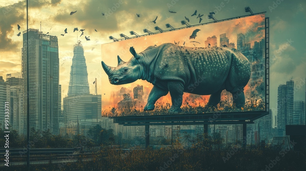 Fototapeta premium A giant rhinoceros on a billboard in a cityscape, blending nature with urban elements.