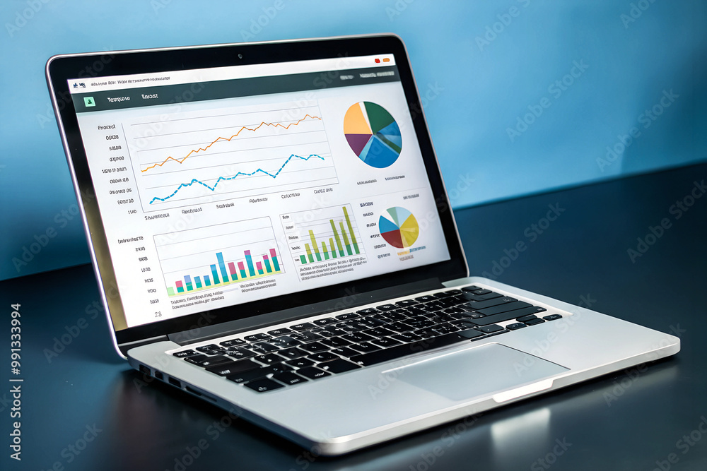 laptop screen displays website traffic metrics, graphs, and analytics for blog ranking and visitor statistics. laptop screen displays website traffic metrics, graphs, and analytics for blog ranking and visitor statistics.