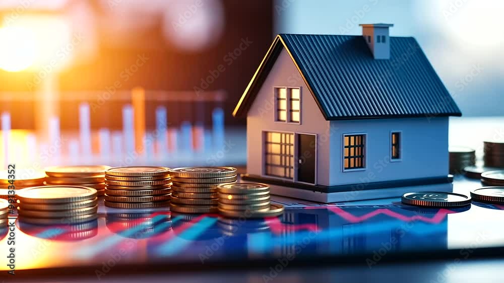 A model house surrounded by coins and a graph showing an upward trend in property prices A model house surrounded by coins and a graph showing an upward trend in property prices
