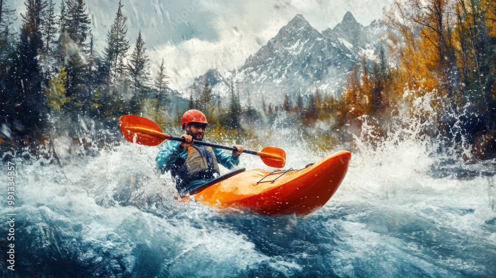 Fototapeta premium A kayaker rafting struggling with water splashes in boat in rapid river in mountain