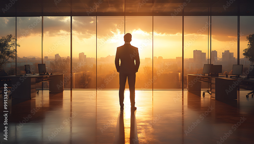 A Businessman in an Office Standing Alone with His Back to the Camera, Contemplating a Cityscape View from the Window, Representing Solitude, Ambition, and Professional Reflection in a Corporate Setti A Businessman in an Office Standing Alone with His Back to the Camera, Contemplating a Cityscape View from the Window, Representing Solitude, Ambition, and Professional Reflection in a Corporate Setti