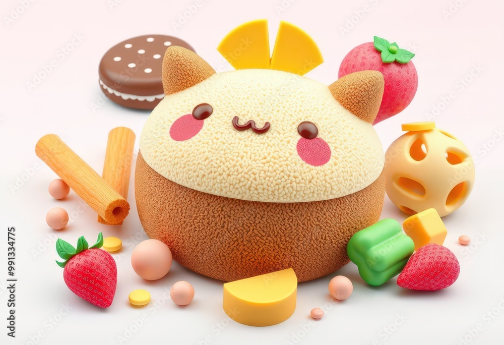 Cute cartoon character with dessert and fruit themed elements on a white background. Cute cartoon character with dessert and fruit themed elements on a white background.