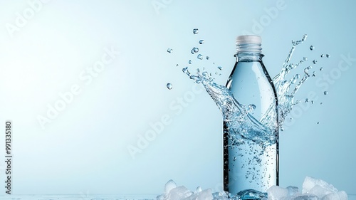 Cold water splashing from a bottle with droplets and ice in mid-air, symbolizing freshness water splash, refreshing motion