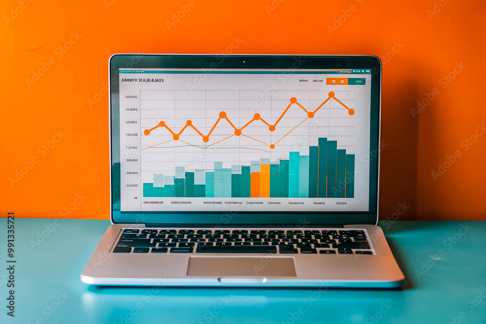 laptop screen displays website traffic metrics, graphs, and analytics for blog ranking and visitor statistics. laptop screen displays website traffic metrics, graphs, and analytics for blog ranking and visitor statistics.