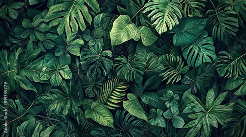 Fototapeta Naklejka Na Ścianę i Meble -  Lush green tropical leaves background.