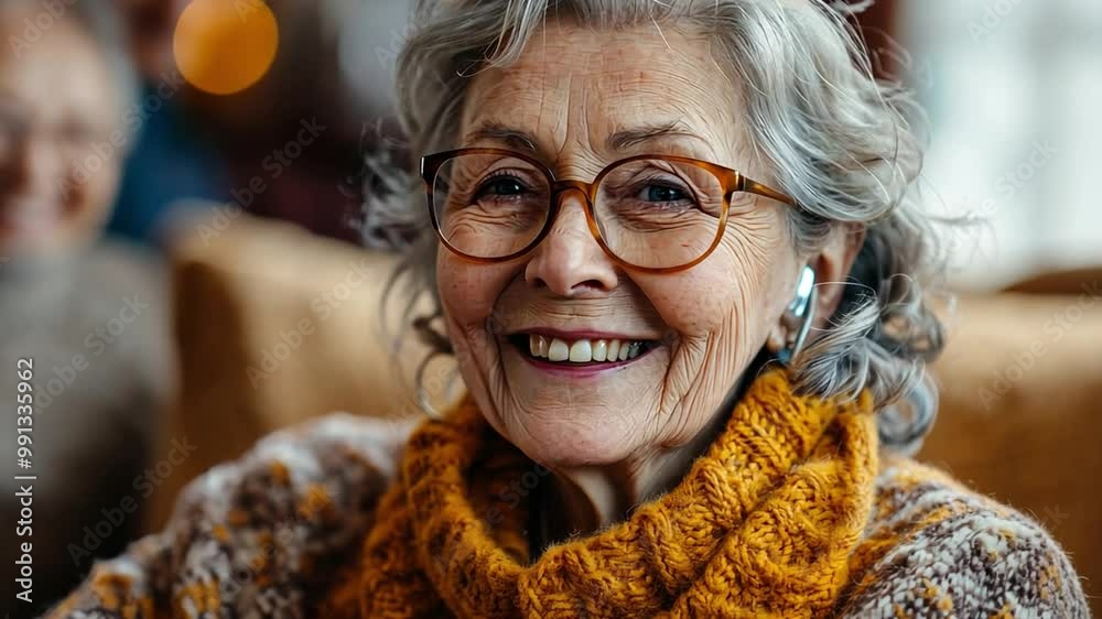 A smiling elderly woman wearing glasses, with gray hair, looking content and relaxed, representing a grandmother or pensioner in her later years