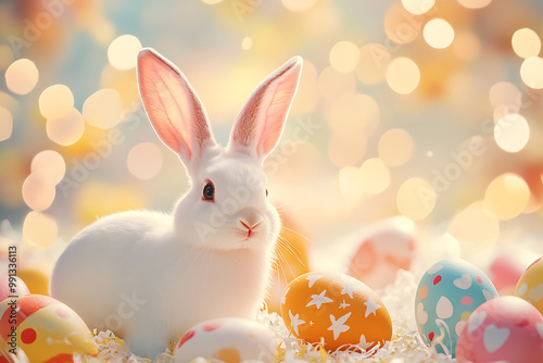 Easter background with a bright and cheerful scene featuring bunnies and Easter eggs