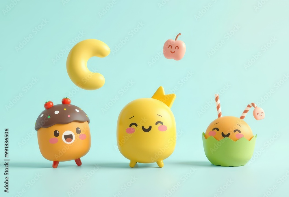Cute cartoon characters on a blue background with a yellow letter C.