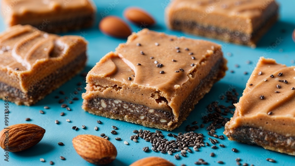 Almond butter protein bars with chia seeds closeup Almond butter protein bars with chia seeds closeup