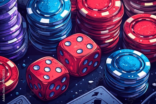 Casino, cards, dice, coins, poker chips, cartoon, vibrant, playful, background. Generative AI