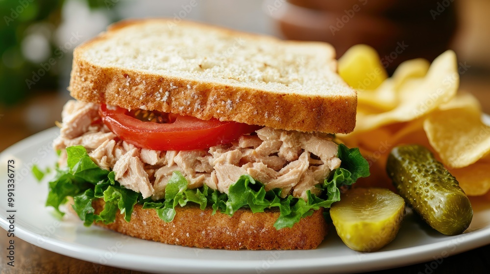 A classic tuna salad sandwich with lettuce and tomato, served with a side of pickle spears and a few potato chips on a white plate. A classic tuna salad sandwich with lettuce and tomato, served with a side of pickle spears and a few potato chips on a white plate.