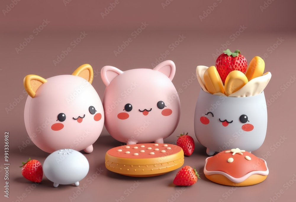 Cute cartoon characters with strawberries and donuts. Cute cartoon characters with strawberries and donuts.