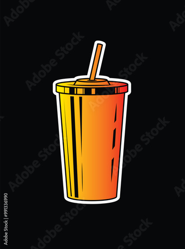 Fast food plastic cup with straw. Hot or cold drink. Original vector illustration in vintage style.