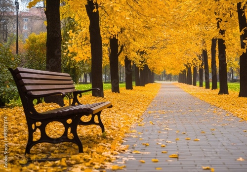 A park bench is softly enveloped by a blanket of yellow leaves, highlighting the peaceful beauty of autumn without any visitors to interrupt the calm.