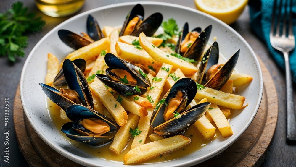 Belgian mussels in white wine sauce with fries closeup Belgian mussels in white wine sauce with fries closeup