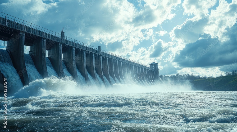 A close-up of a dam with rushing water below and the vast sky above providing room for text. The structure dominates the frame. - A close-up of a dam with rushing water below and the vast sky above providing room for text. The structure dominates the frame. -