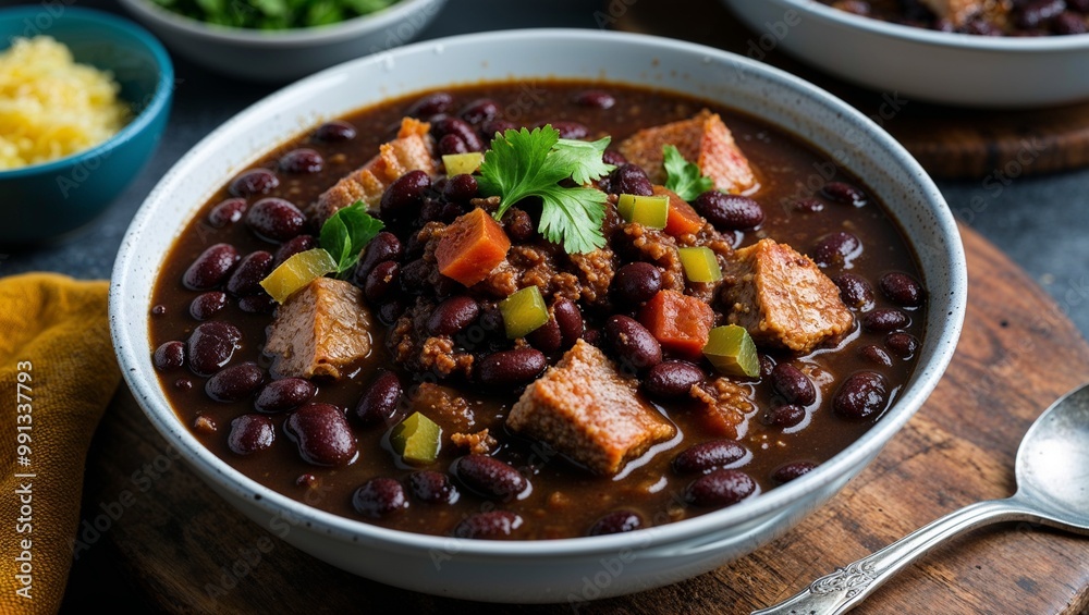 Brazilian feijoada black bean stew with pork closeup Brazilian feijoada black bean stew with pork closeup