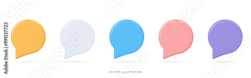 3D Set of color speech bubble messages emoji icon. Chatting empty box for promotion and quotes. Dialogue balloon set. Cartoon design objects isolated on white background. 3D Vector Illustration