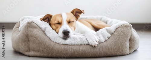 Dog sleeping peacefully in a large dog bed, curled up with a soft blanket   dog nap, peaceful pet at home photo