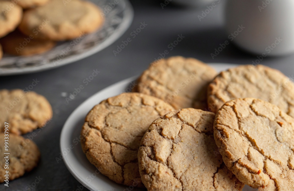 Vegan healthy almond oatmeal cookies lie on a white stylish plate. On a light table in the background there is a cup of coffee, a kettle. Bright stylish modern kitchen. Window with sunlight. Vegan healthy almond oatmeal cookies lie on a white stylish plate. On a light table in the background there is a cup of coffee, a kettle. Bright stylish modern kitchen. Window with sunlight.