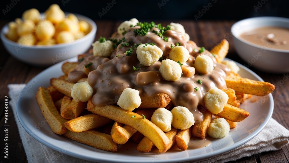 Canadian poutine fries with cheese curds and gravy closeup Canadian poutine fries with cheese curds and gravy closeup