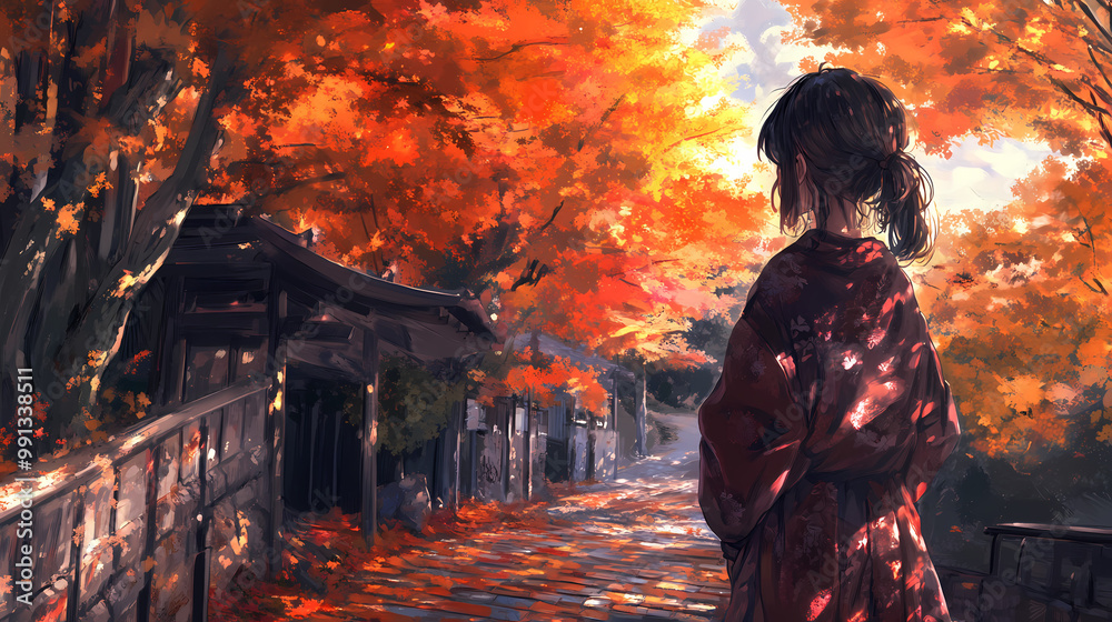 Fototapeta premium Cozy Autumn Anime Manga Art Wallpaper with Cute Girl Warm Autumn Colors and Lofi Vibes