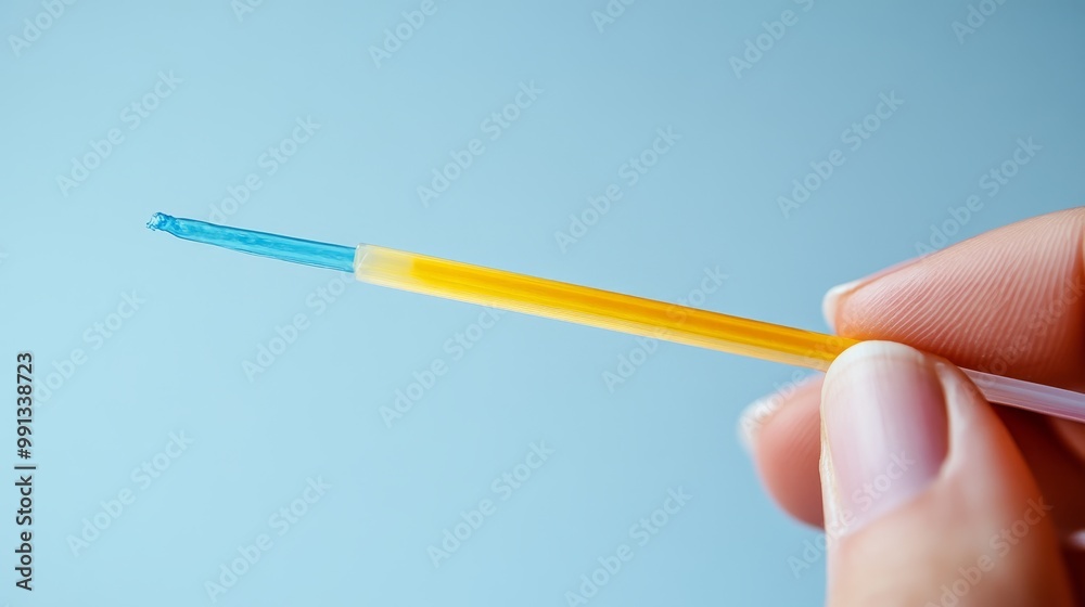 A hand holding a pipette with two distinct colored liquids for precise measurement. A hand holding a pipette with two distinct colored liquids for precise measurement.