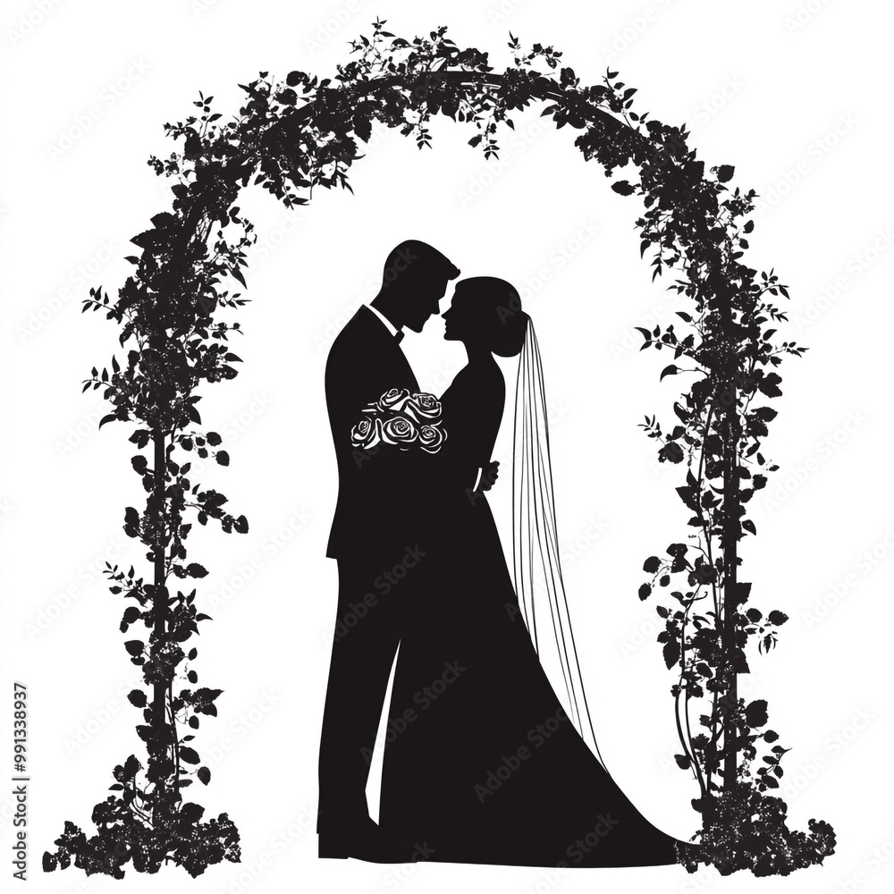 Silhouette of a bride and groom under an arch with roses, a black monochrome silhouette on a white background. Silhouette of a bride and groom under an arch with roses, a black monochrome silhouette on a white background.
