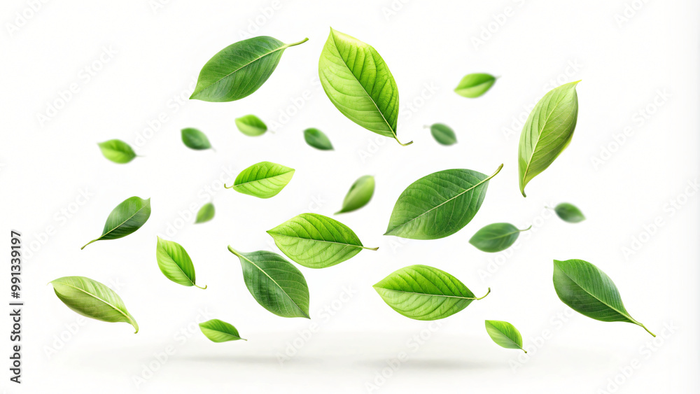 Fresh green leaves isolated on white background, perfect for nature-inspired design Fresh green leaves isolated on white background, perfect for nature-inspired design