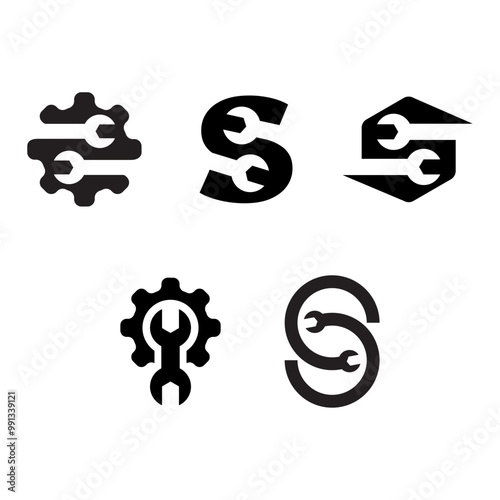 Set of wrench logos with various shapes and uses