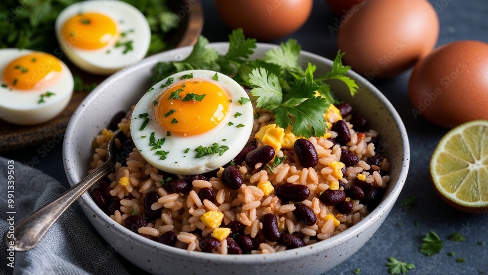 Costa Rican gallo pinto rice and beans with eggs closeup Costa Rican gallo pinto rice and beans with eggs closeup